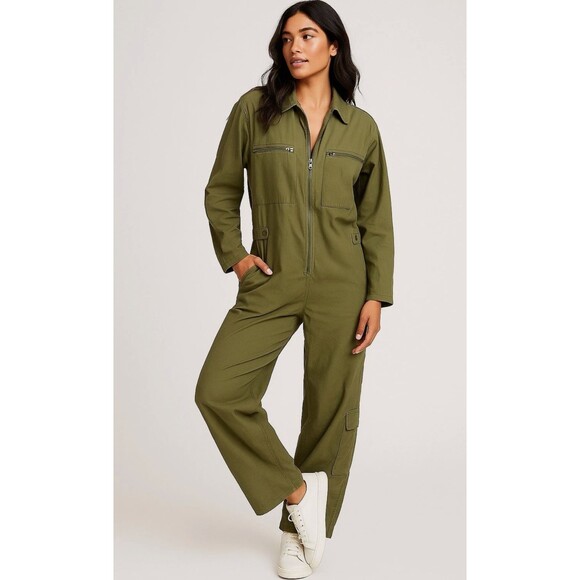 Free People FP Movement Mesmerize Me Olive Utility Coveralls Jumpsuit Small NEW - Picture 2 of 9